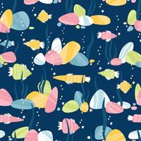 Seamless pattern of colorful fish, pebbles and algae vector