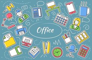 Office workspace - sticker set. Elements and objects collection. Simple vector illustration.