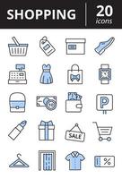 Shopping icon set. Purchases, retail outline web icon collection in color. Vector illustration.