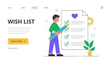 Wishlist. Human writing wish list on paper. Vector illustration in a modern flat style. Landing page website template.