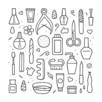 Manicure equipment set. Collection hand drawn different tools. Doodle sketch style. Vector outline illustration for banner, website, landing page, background.