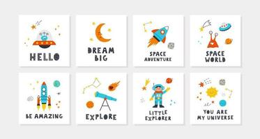 Children cards set with cute space and with lettering. Rocket, planets, stars, child, telescope, sun, aliens. Perfect for nursery posters. Vector hand drawn illustrations.