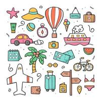 Hand drawn doodle set of travel elements in color. Sketch style. Vector illustration.