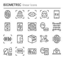 conjunto de iconos de línea de verificación biométrica. símbolos de colección de tecnología de autenticación en teléfonos móviles, portátiles y más. trazo editable. vector