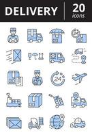 conjunto de iconos de entrega. colección de símbolos lineales vectoriales. contiene letreros como mensajero con caja, camión, barco y más.