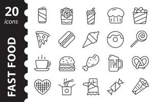 Fastfood icon set. Street food linear symbols collection. Burger, pizza, donut outline vector signs.