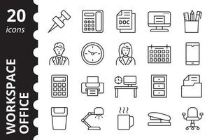 Office workspace elements icon set. Collection linear symbols. Simple vector illustration.