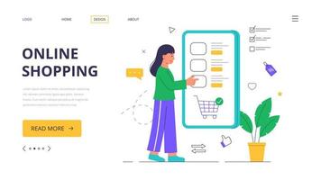 Online shopping. A woman makes purchases in an online store. Vector illustration in a modern flat style.  Landing web page template.