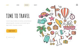 Travel elements. Landing page template. Hand drawn vector color illustration. Doodle sketch style.