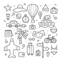 Hand drawn set of travel elements. Suitcase, starfish, palm tree, plane, ship, passport. Doodle sketch style. Vector outline illustration for banner, website, background and more.
