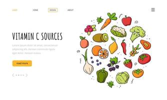 plantilla de página de inicio de fuentes de vitamina c. conjunto de verduras, frutas, bayas. ilustración de color vectorial dibujada a mano. estilo de dibujo de fideos. vector