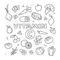 conjunto de fuentes de vitamina c. ilustración dibujada a mano. garabatear comida natural. contorno vectorial en blanco y negro. vector