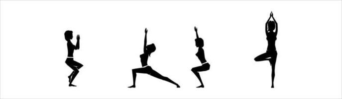 siluetas de chica delgada practicando ejercicios de estiramiento de yoga. formas de mujer haciendo ejercicios de fitness de yoga. vector