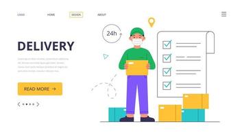 Landing page template. Delivery service concept parcel. Courier in a face mask with a box in his hands. Vector illustration in a modern flat style.