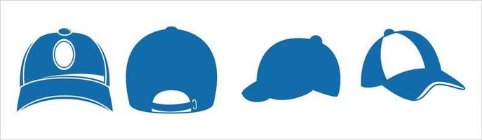 Set of color illustrations with a blue baseball cap. Isolated vector objects on white background.