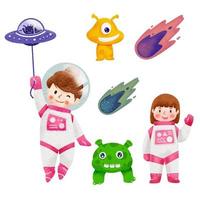 acuarela astronauta niña niños y extraterrestre divertido conjunto de dibujos animados vector de ilustración