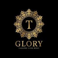 letter T glory crest luxury circular plants vintage vector logo design