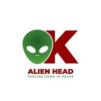 letra k diseño de logotipo de vector de cabeza alienígena