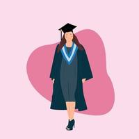 Woman wearing graduation gown robe and academic cap smiling and waving hand Premium. Women celebrating university graduation. Flat cartoon vector illustration.