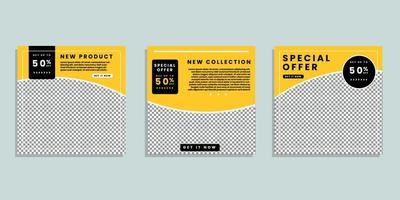 Set of minimally editable square banner templates. Black and yellow background color with stripes shape. Suitable for social media posting and web internet advertising. Vector illustration with photo