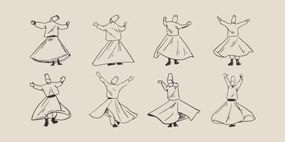 conjunto de ocho poses de danza sufi dibujadas a mano vector