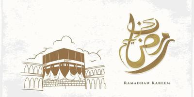 Ramadan Kareem background with big kaaba and islamic calligraphy vector