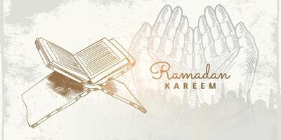 Ramadan Kareem background with hand drawn quran sketch mosque vector