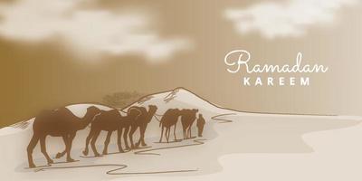 Ramadan Kareem background with man bring group of camel on the dessert vector