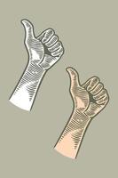 hand drawing engraving hand thumbs up isolated on grey background.