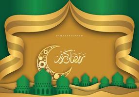 Ramadan Kareem background with green mosque, moon islamic calligraphy vector