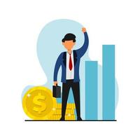 business man illustration with coins and business chart in the background. business vector graphic.