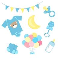 Set of icons of baby products for a boy in muted pastel blue colors nipple, toy, clothes, bottle with mixture, balls, socks, color vector illustration