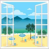 Summer vacation view from the hotel window to the beach, Sun loungers on the seashore and palm trees, flat minimalistic style, seascape Banner, Vector illustration