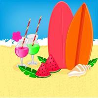 Summer beach drinks, surfboards, watermelon, shell, flat style vector illustration.