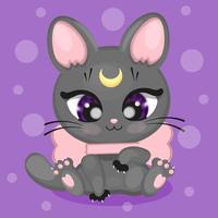 Cute cartoon cat in anime style, beautiful gray with big eyes, textile print for t-shirt or packaging, sticker, emotion, vector illustration