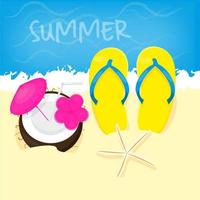 Vacation on the beach and sea, flip flops, coconut and starfish, vacation and travel concept, vector illustration