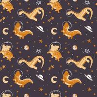 Seamless pattern of cute dinosaur astronauts. Vector in cartoon style. Dinosaur astronaut with planets, comets and stars around. Can be used for greeting cards, children's fashion, textiles, fabrics.