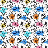 A seamless pattern of speech bubbles with dialog words, hand-drawn doodle-style elements. Boom, Oops, No, Okay, Wow. Vector illustration.