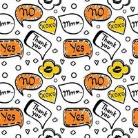 A seamless pattern of speech bubbles with hand-drawn, doodle-style dialog words. Boom, Oops, No, Okay, Wow. Speech. Vector illustration.