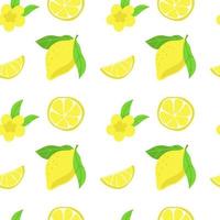 Seamless pattern of bright lemons, hand-drawn elements. Summer. Yellow lemons with leaves and flowers on white background. Suitable for textiles and packaging. vector