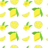 Seamless pattern of bright lemons, hand-drawn elements. Summer. Yellow lemons with leaves and flowers on white background. Suitable for textiles and packaging. vector