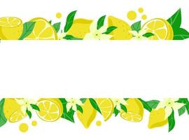 Holiday wreath decorated with ripe yellow lemons and green ribbon bow isolated on white background. Sample of poster, party invitation, festive banner, card. Vector cartoon close-up illustration.