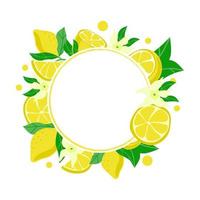 Holiday wreath decorated with ripe yellow lemons, hand-drawn. Isolated on a white background. Sample poster, party invitation, holiday banner, postcard. Vector close-up cartoon illustration.