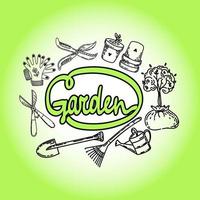 A logo for garden supplies. A set of gardening elements, hand-drawn in doodle style. Planting young trees. Garden work. Tools for the garden. Simple linear vector style emblems.