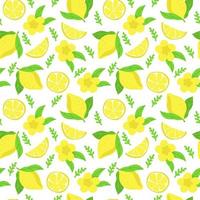 Seamless pattern of bright lemons, hand-drawn elements. Summer. Yellow lemons with leaves and flowers on white background. Lemonade. Suitable for textiles and packaging. vector