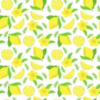 Seamless pattern of bright lemons, hand-drawn elements. Summer. Yellow lemons with leaves and flowers on white background. Lemonade. Suitable for textiles and packaging. vector