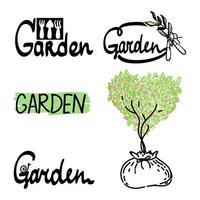 A set of logos for the garden. Simple linear vector style emblems, icons and logos. Stylized garden accessories, snail and tree in a bag.