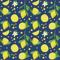 patrón sin costuras de limones brillantes, elementos dibujados a mano. el verano. limones amarillos con hojas y flores sobre un fondo oscuro. limonada. adecuado para textiles y embalajes. vector