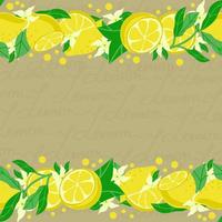 Holiday board decorated with ripe yellow lemons, hand-drawn. Isolated on a vintage background. Sample poster, party invitation, holiday banner, postcard. Vector close-up cartoon illustration.