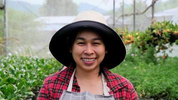 lächelnder Gärtner, der eine Schürze trägt und in einem Gewächshaus in die Kamera schaut. glückliche asiatische frau, die sich um zum verkauf vorbereitete pflanzen kümmert. video